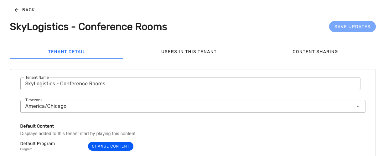 SkyLogistics tenant details including name, timezone, and content sharing options.